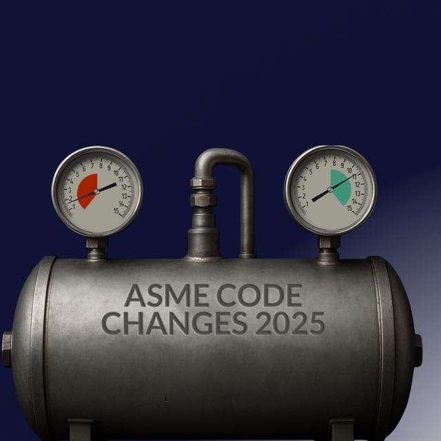 Two pressure gauges on a metal cylinder with the text 'ASME CODE CHANGES 2025